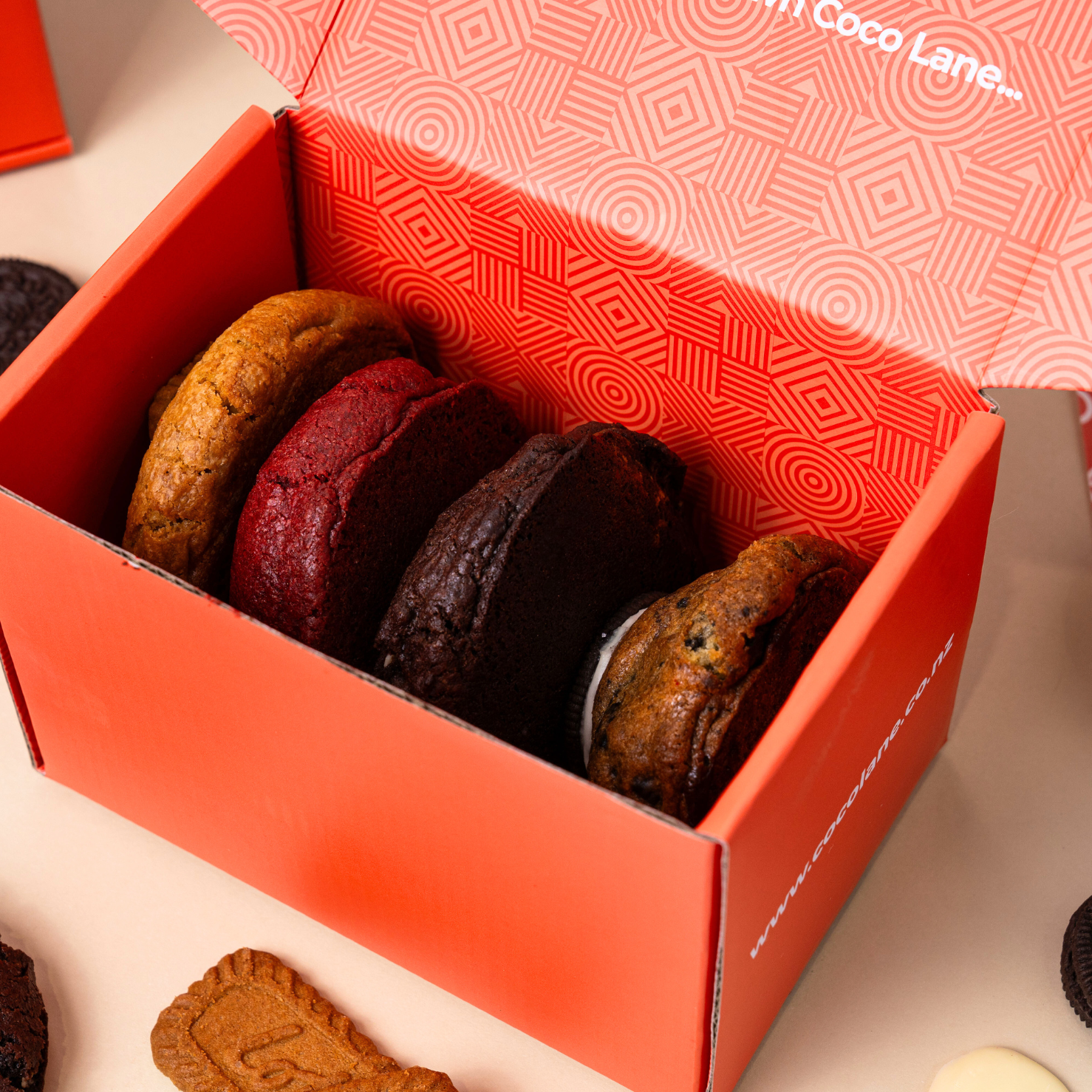 Coco Lane Four Pack — four chunky 100g chocolate cookies in signature box