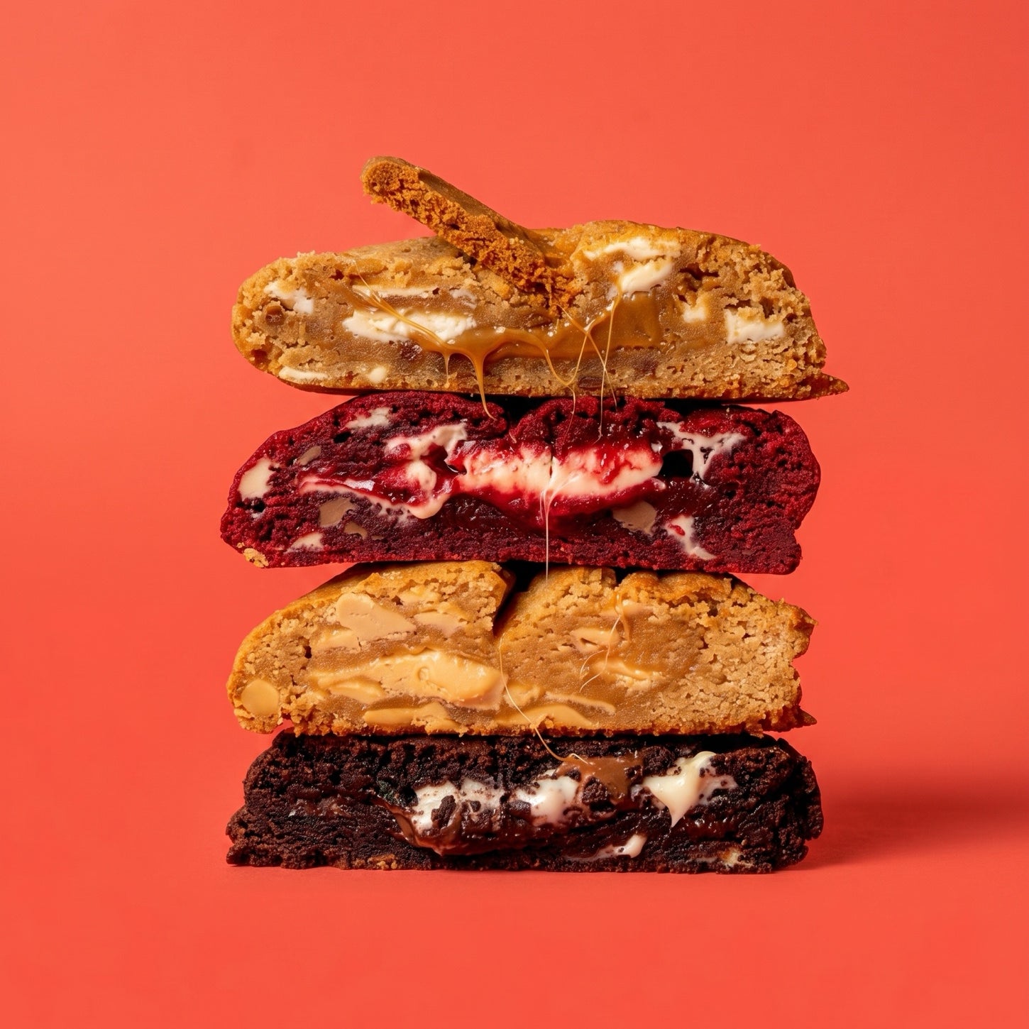 Coco Lane gooey cookies — Biscoff, red velvet, caramel and chocolate cross-section stack on coral