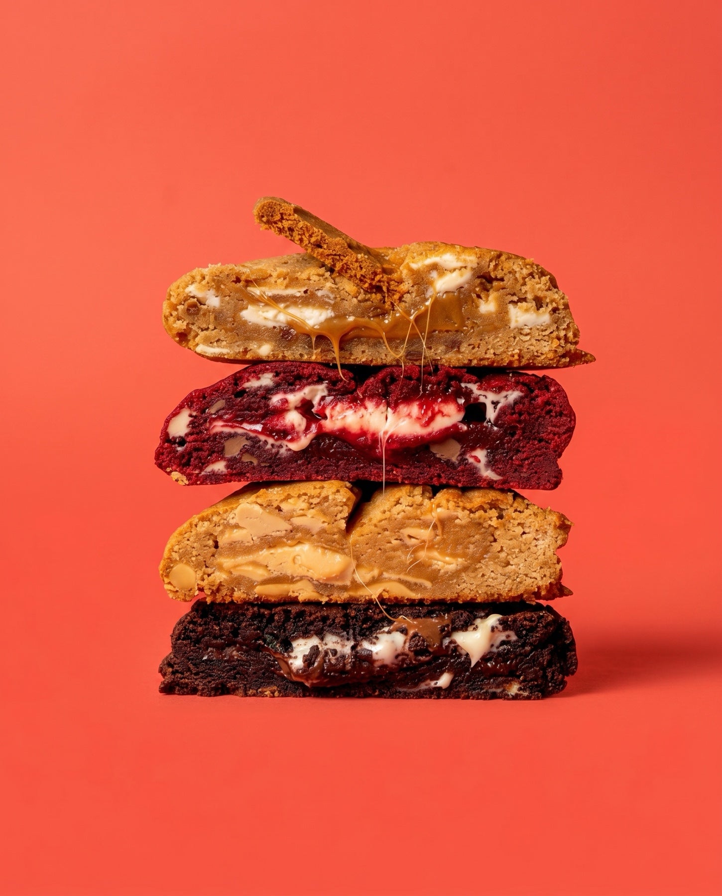 Coco Lane gooey cookies — Biscoff, red velvet, caramel and chocolate cross-section stack on coral