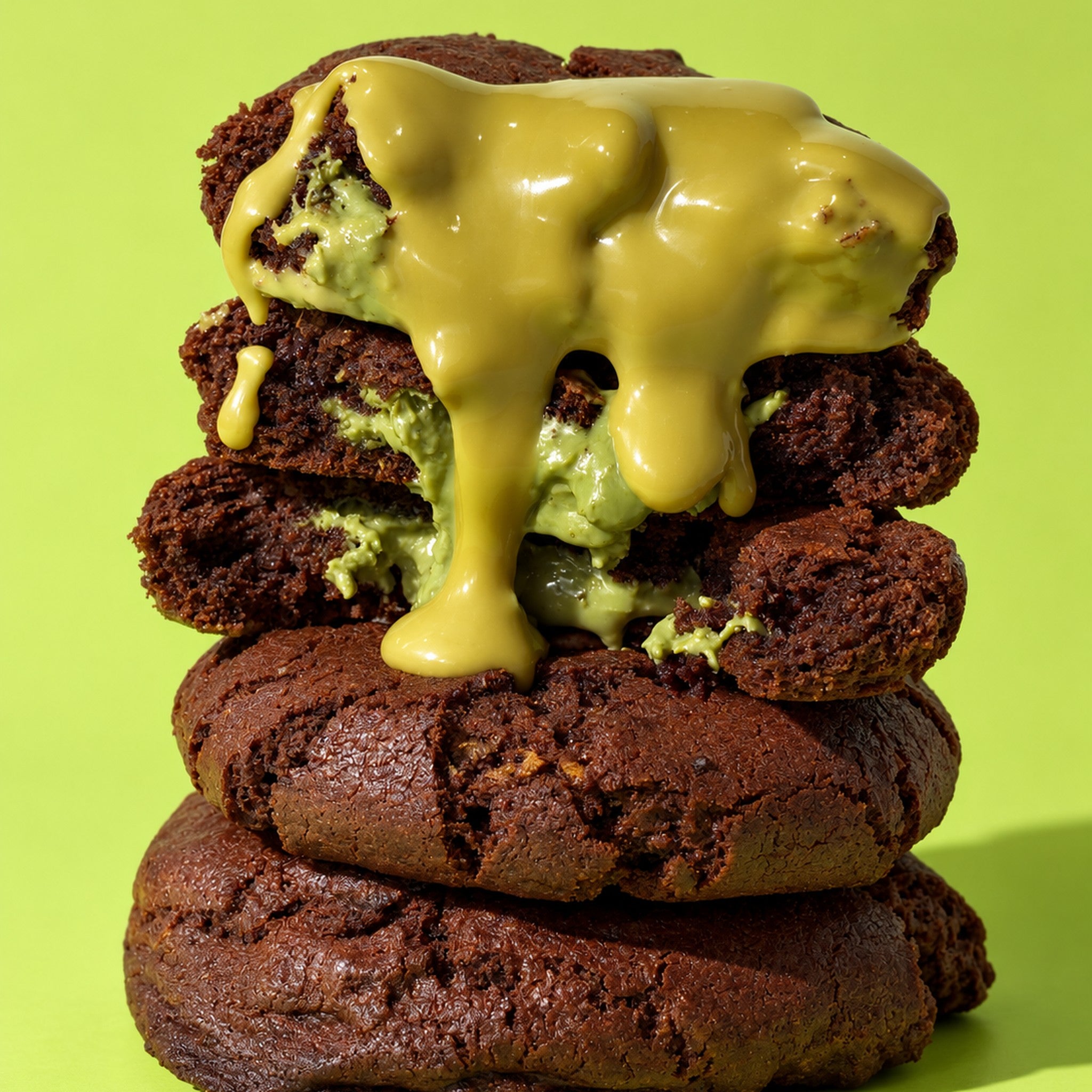 A stack of Dubai Cookies with pistachio sauce