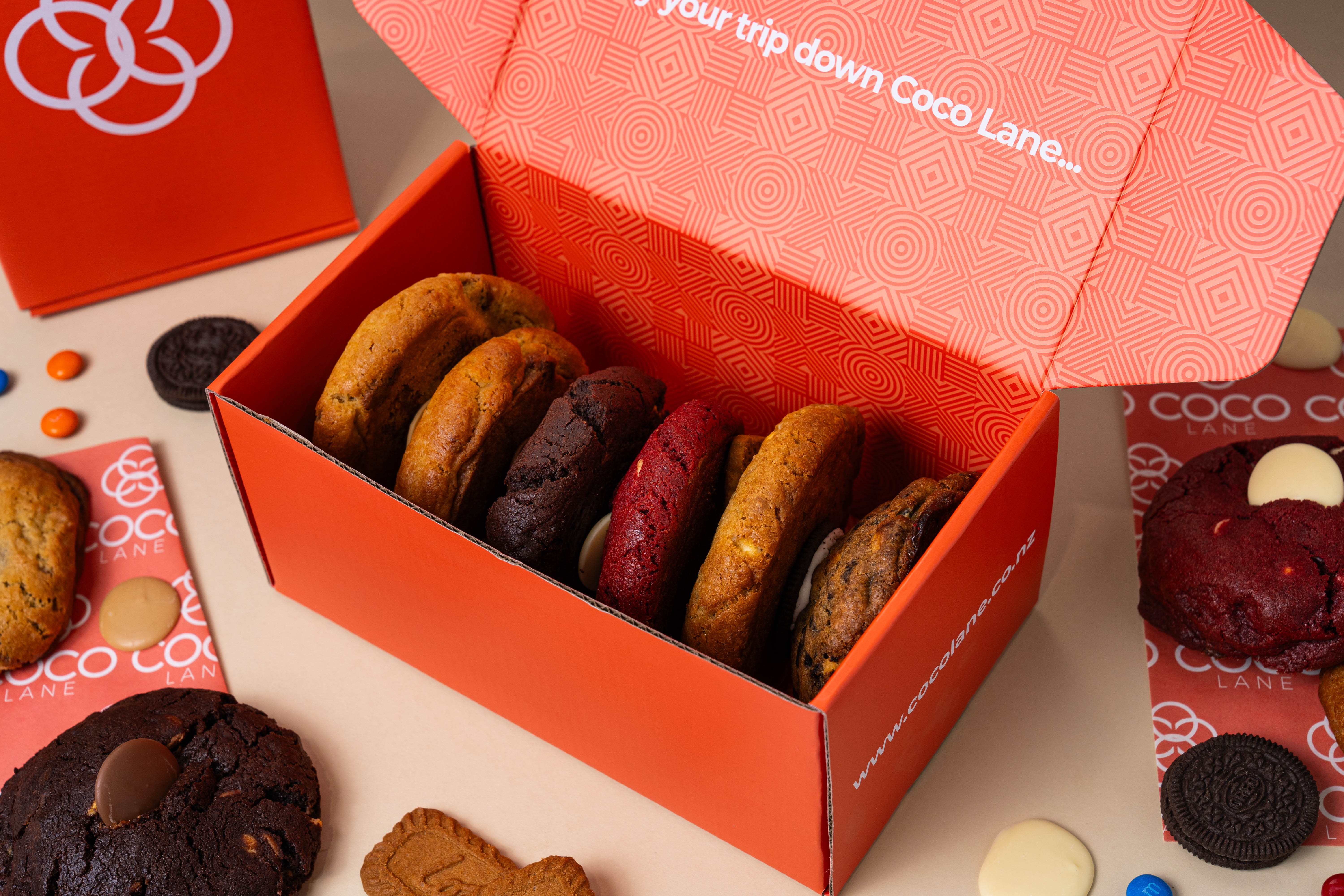 The Classic Six Pack — six chunky cookies in a Coco Lane gift box, ready to send